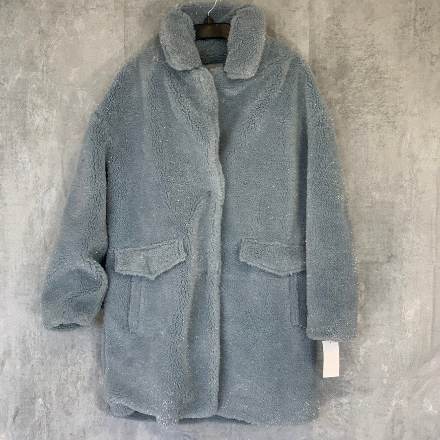BCBGeneration Baby Blue Lurex Faux Fur Speckled Mid-Length Teddy Coat SZ M