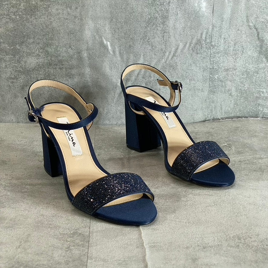 NINA Women's New Navy Satin Haven Rhinestone Ankle-Strap Block-Heel Sandals