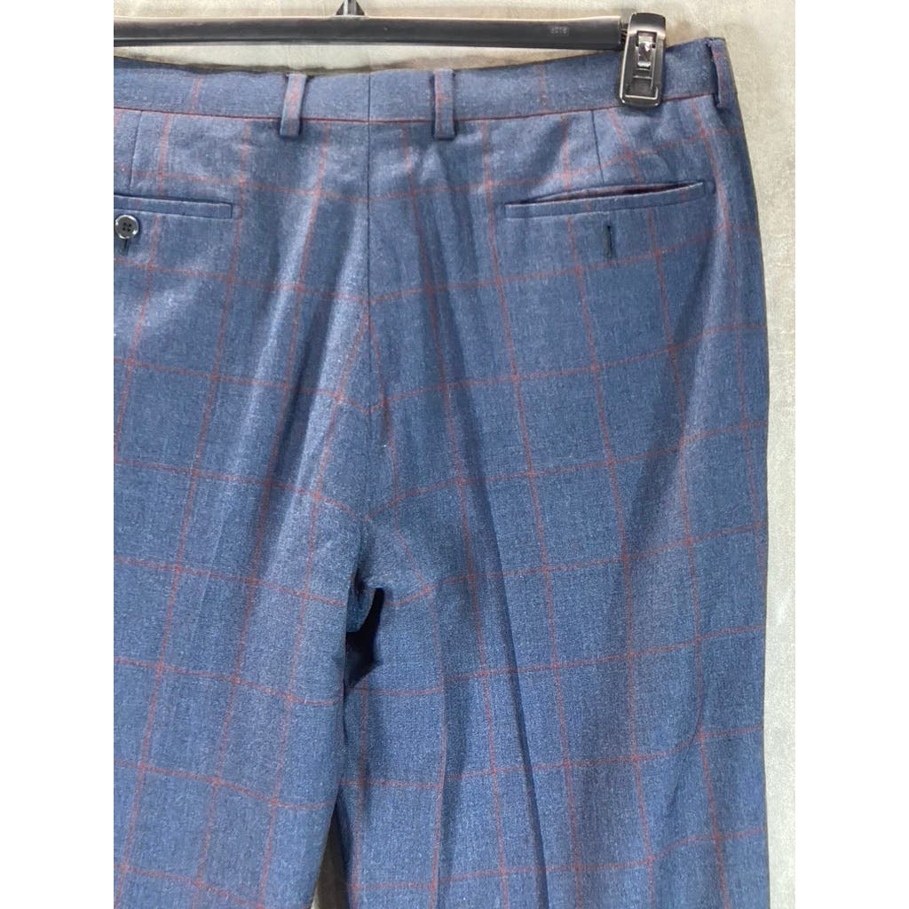 UNBRANDED Men's Blue Windowpane Straight-Leg Flat-Front Dress Pants SZ 38x30