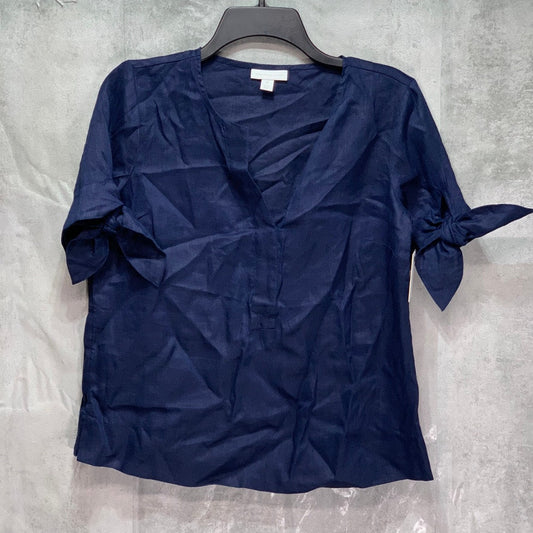 CHARTER CLUB Navy Linen Split-Neck Tie-Cuff Short Sleeve Top SZ XS