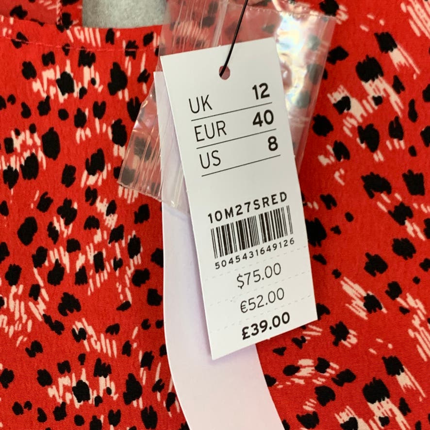 TOPSHOP Red Printed Round Neck Long Sleeve Ruffle Mini Dress SZ 8