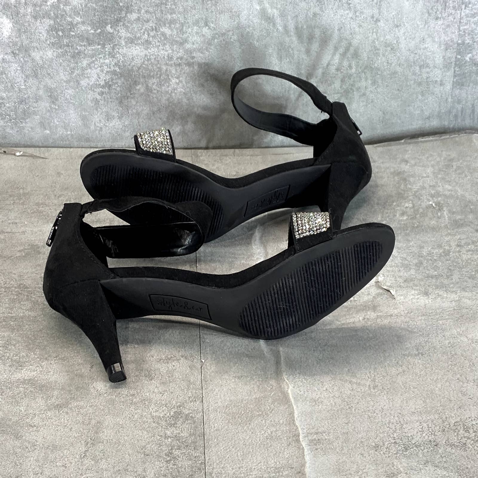 STYLE & CO Women's Black Rhinestone Phillyis Two-Piece Evening Sandals SZ 6