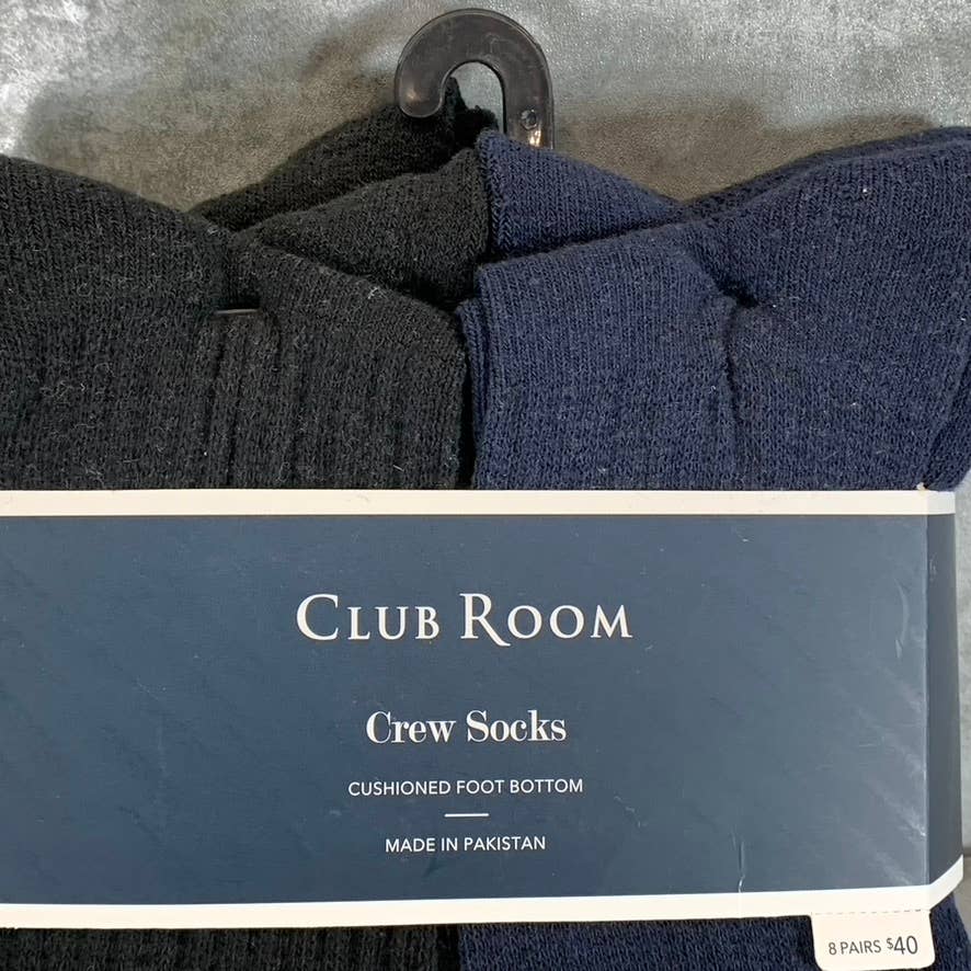 Club Room Men's Black/Navy Striped 8-Pack Crew Socks SZ 10-13