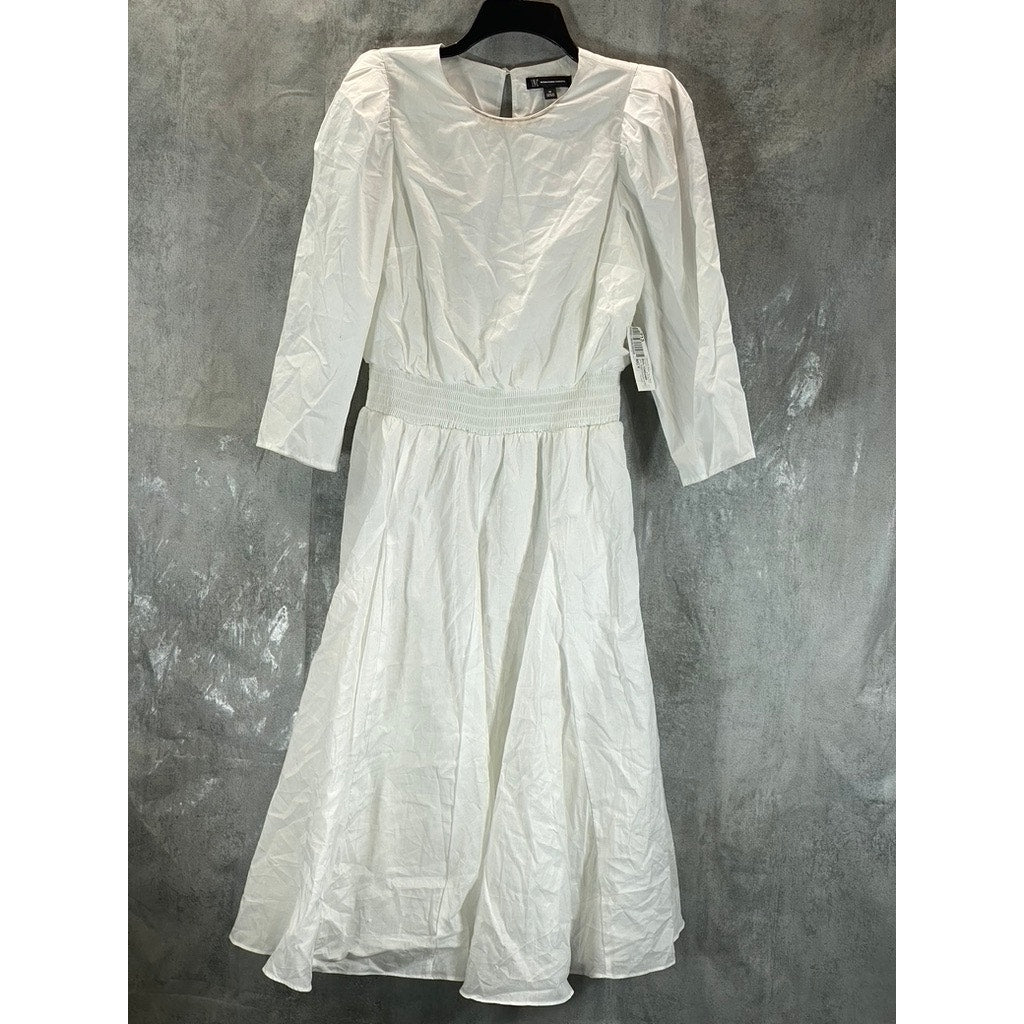 INC Women's Bright White 3/4 Puff Sleeve Cotton Smocked Midi Dress SZ M
