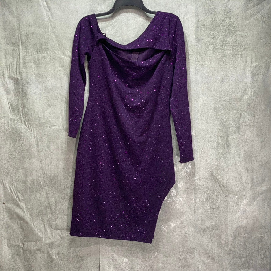 CITY STUDIO Junior's Purple Glitter Asymmetrical Long-Sleeve Cutout Bust Mini Dress SZ XL