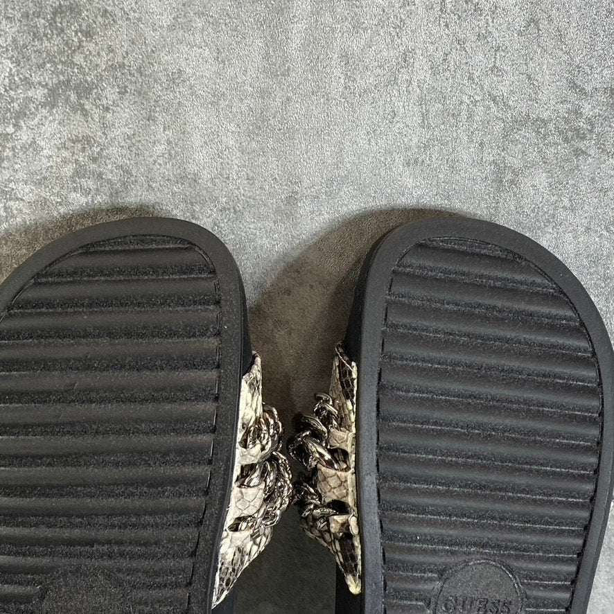 GUESS Women's Tan Animal Embossed Salema Chain Detail Slide Pool Sandals SZ 5