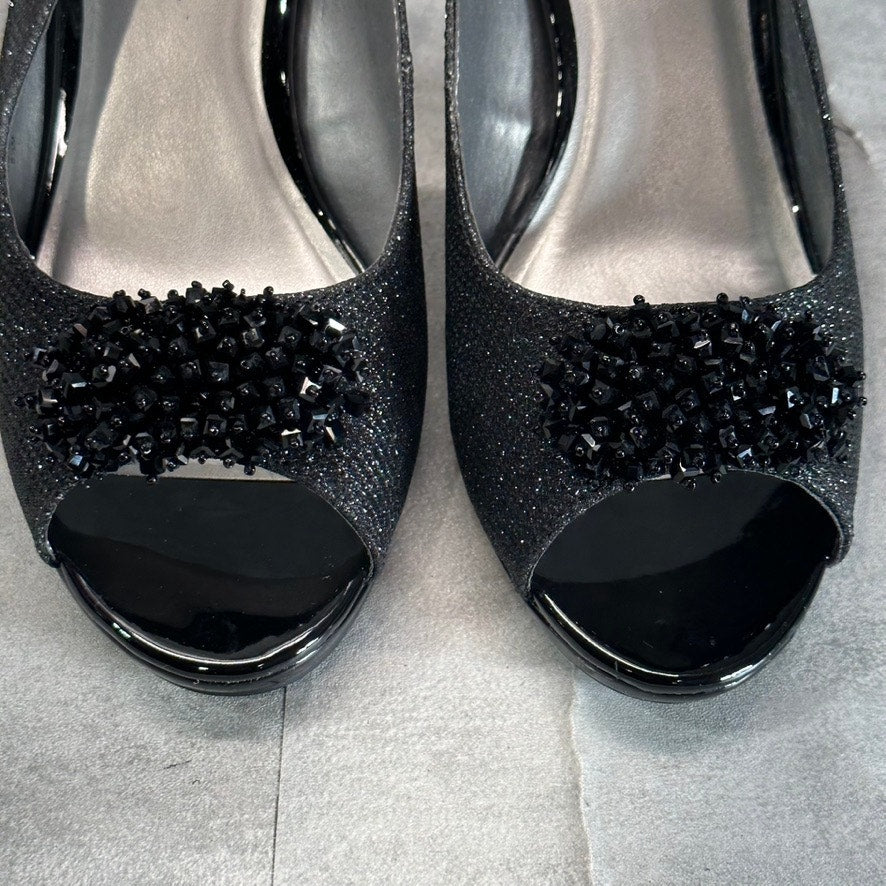 KAREN SCOTT Women's Black Glitter Breena Peep-Toe Slingback Pumps SZ 8.5