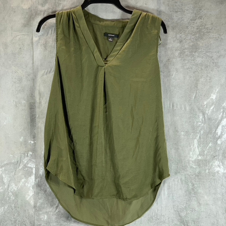 ALFANI Women's Burnt Olive Satin V-Neck Sleeveless Top SZ S