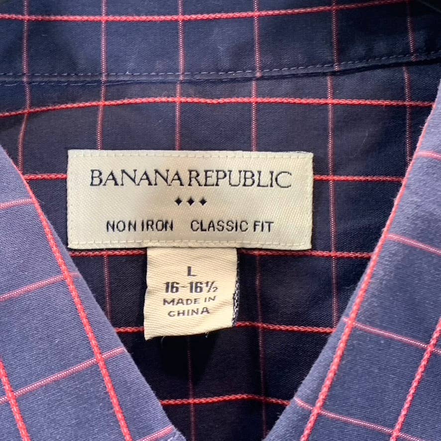 BANANA REPUBLIC Men's Navy/Red Plaid Classic-Fit Button-Up Dress Shirt SZ L