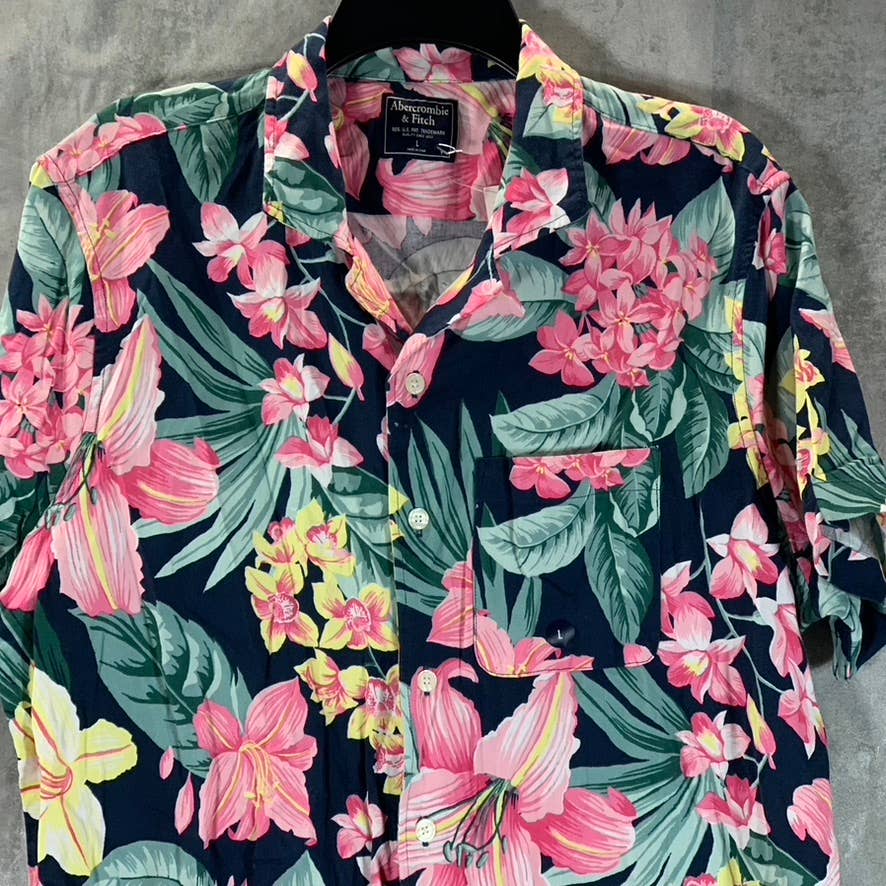 ABERCROMBIE & FITCH Men's Pink/Green Tropical Print Button-Up Shirt SZ L
