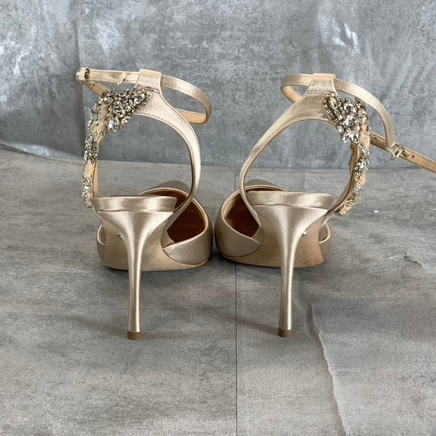 BADGLEY MISCHKA Women's Nude Satin Blanca Rhinestone Ankle-Strap Pumps SZ 8