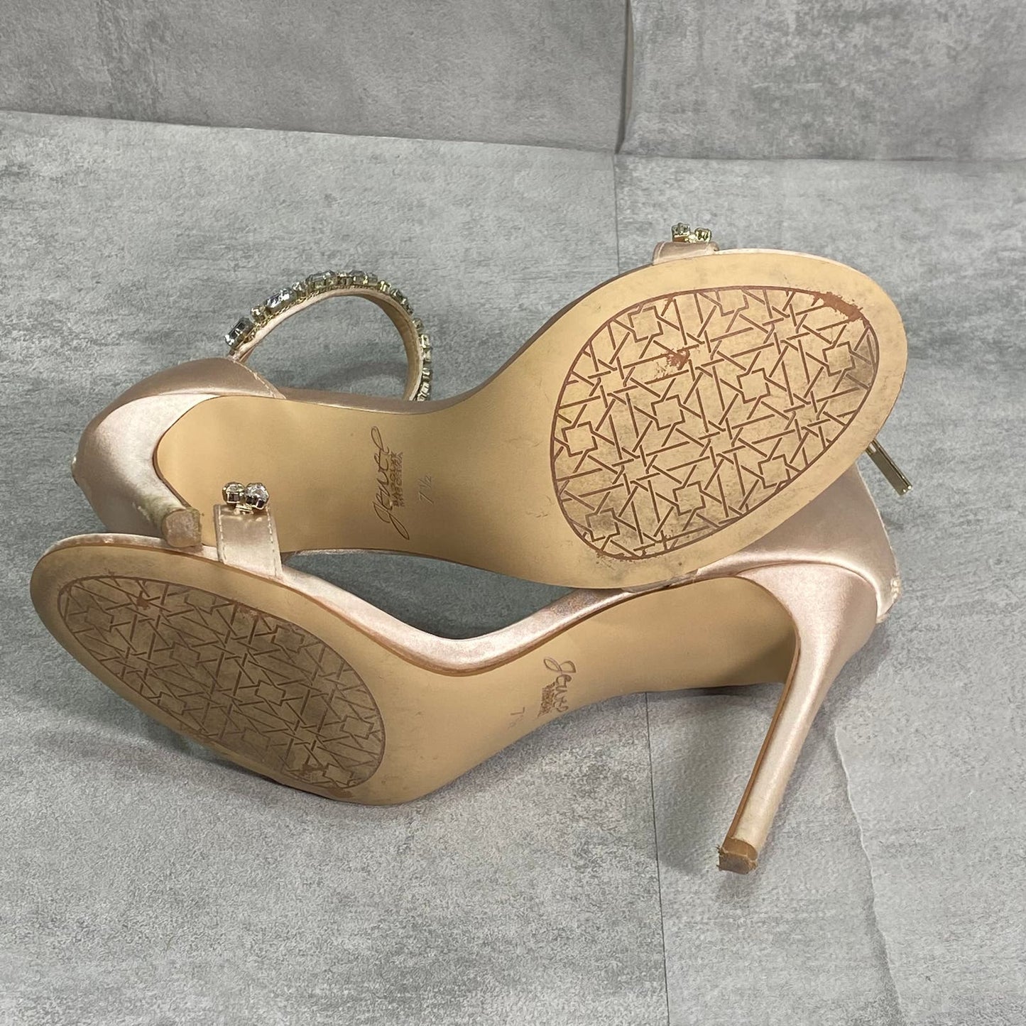 JEWEL BADGLEY MISCHKA Champagne Satin Campbell Embellished High Heel Sandals SZ 7.5