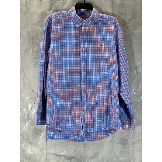 VINEYARD VINES Men's Blue/Orange Plaid Classic-Fit Button-Up Whale Shirt SZ L