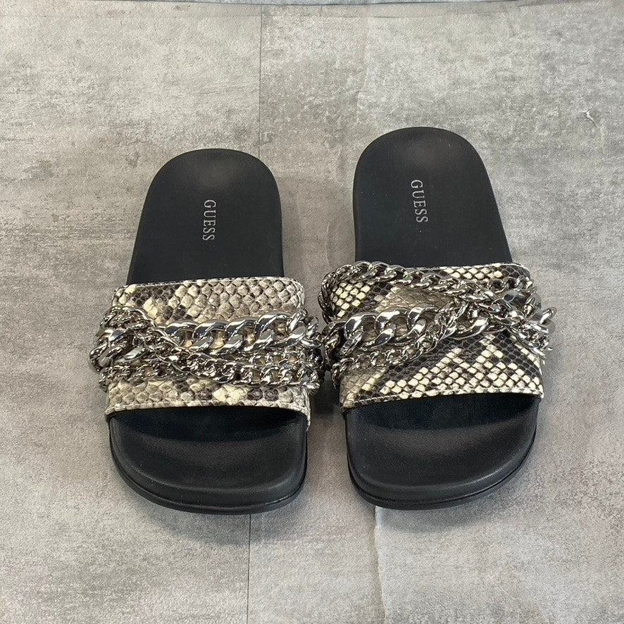 GUESS Women's Tan Animal Embossed Salema Chain Detail Slide Pool Sandals SZ 5