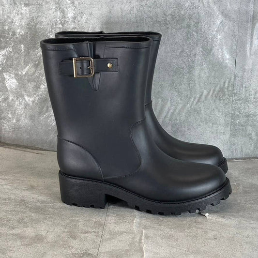 STYLE & CO Women's Black Millyy Buckled Cold-Weather Slip-On Rain Boots SZ 6