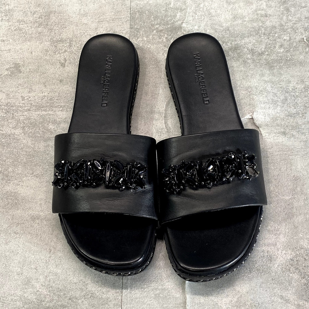 KARL LAGERFELD PARIS Women's Black Rhinestone Embellished Bijou Slide Sandals