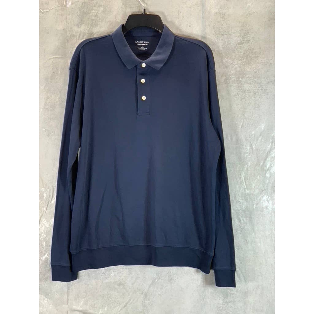 LANDS' END Men's Navy Traditional-Fit Supima Long-Sleeve Polo Shirt SZ L