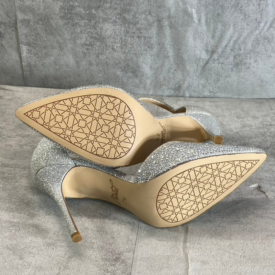JEWEL BAGLEY MISCHKA Women's Silver Glitter Jailene Pointed-Toe Stiletto Pumps SZ 7.5
