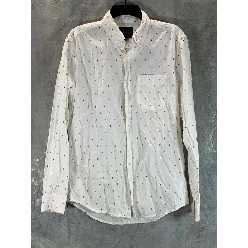 AMERICAN EAGLE Men's White Geometric Print Button-Up Long-Sleeve Shirt SZ S