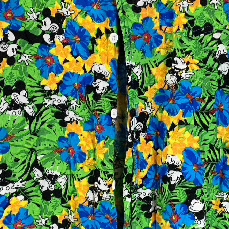DISNEY Men's Green Mickey-Mouse Tropical Button-Up Short-Sleeve Shirt SZ M