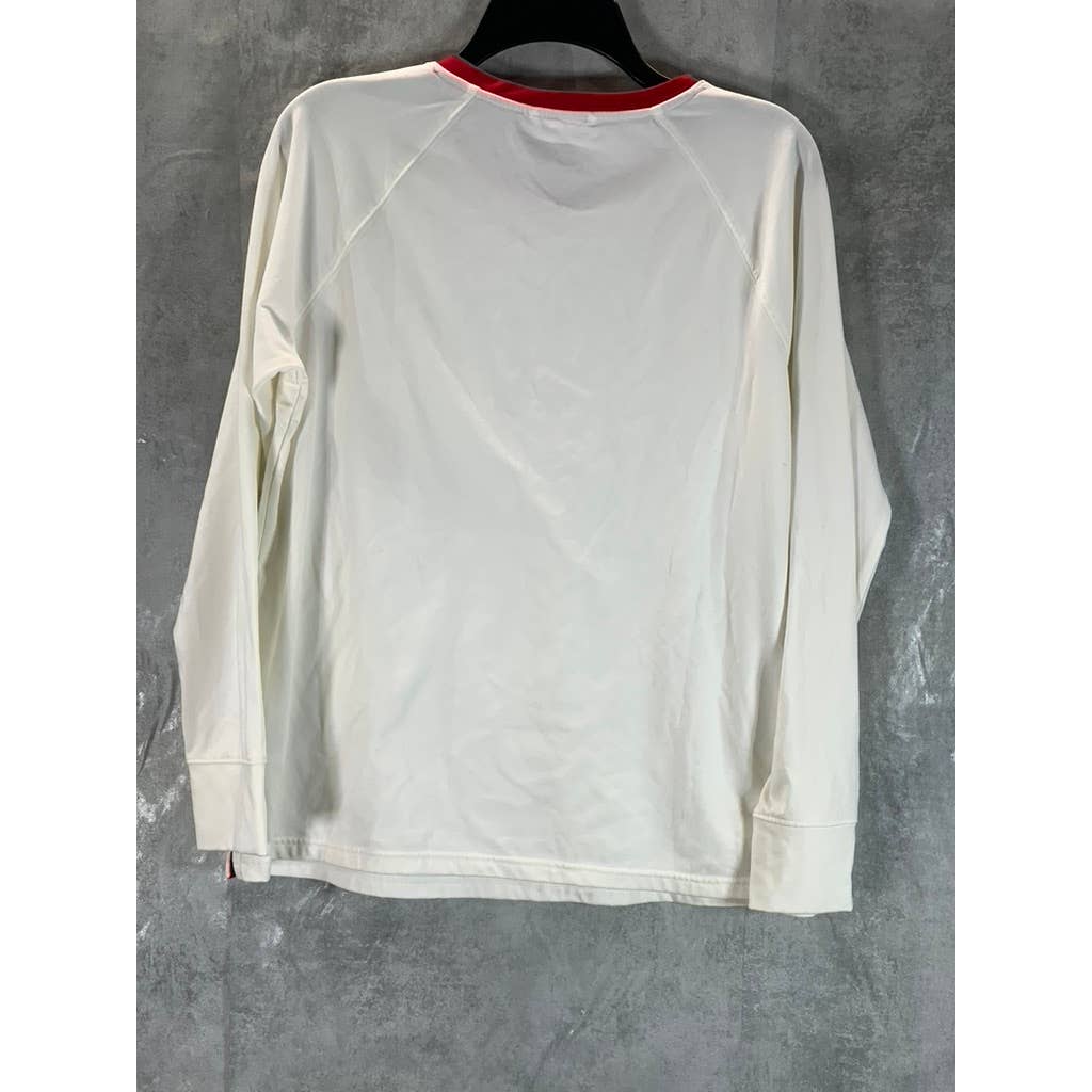 LANDS' END Women's White/Red Trim Crewneck Lounge Long-Sleeve Top SZ M