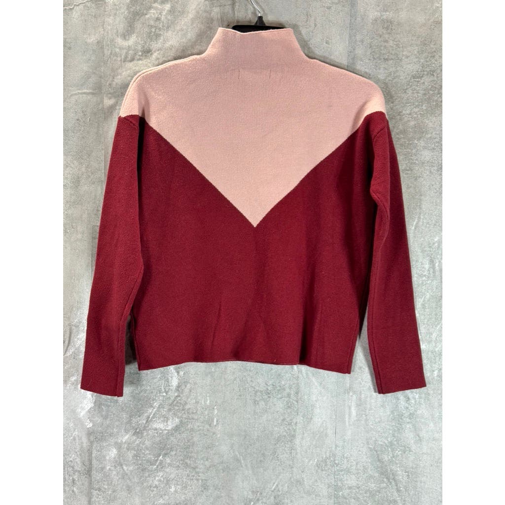 CYNTHIA ROWLEY Women's Burgundy/Pink Colorblock Mock-Neck Pullover Sweater SZ XS