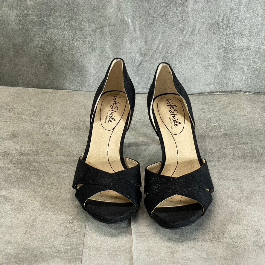 LIFESTRIDE Women's Black Glitter Mykonos Round Open-Toe Slip-On Pumps SZ 5.5