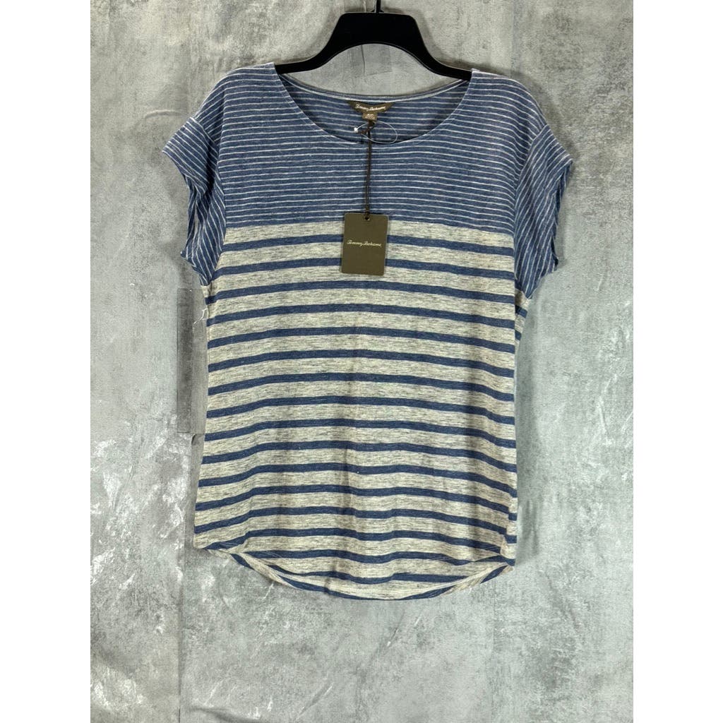 TOMMY BAHAMA Women's Grey/Blue Striped Crewneck Short Sleeve Linen Top SZ S