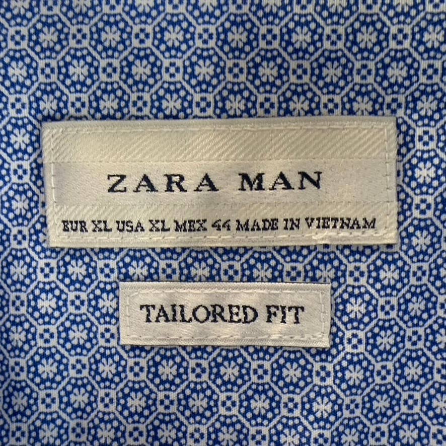 ZARA MAN Men's Blue Tailored Fit Printed Button-Up Cotton Long-Sleeve Shirt SZXL