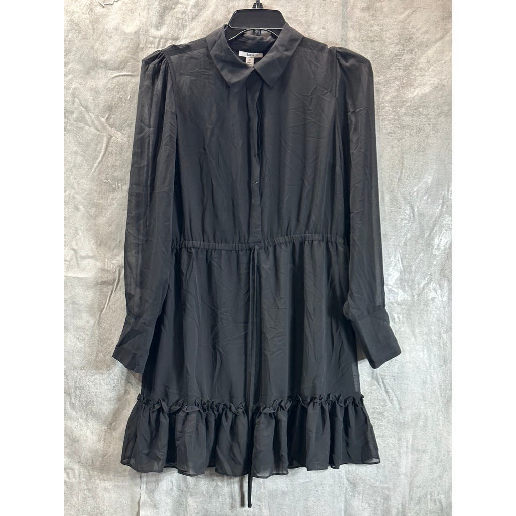 BAR III Women's Deep Black Chiffon Ruffled Tie-Waist Mini Long Sleeve Dress SZXL