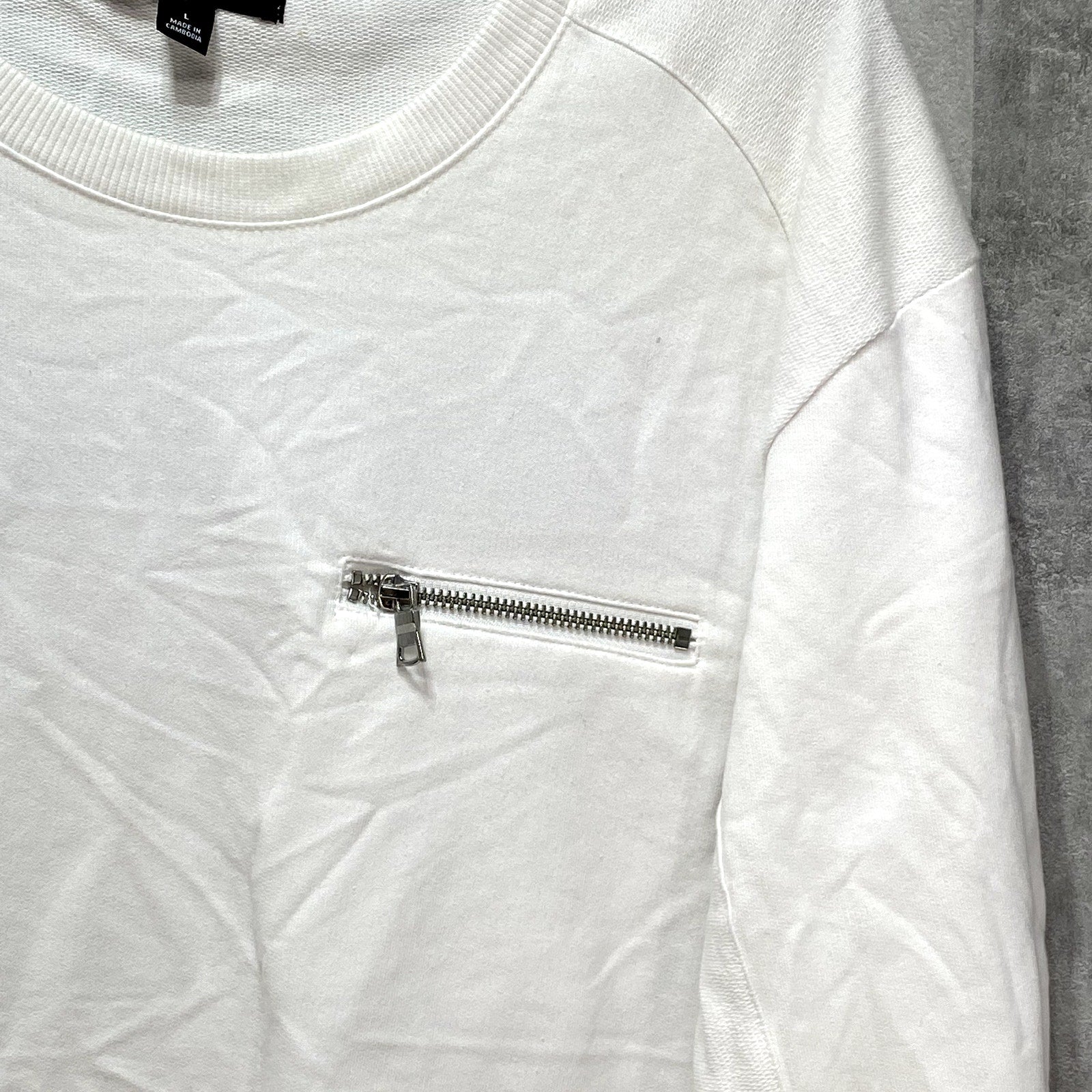 INC INTERNATIONAL CONCEPTS White Crewneck Slant-Zip Long Sleeve T-Shirt SZ L