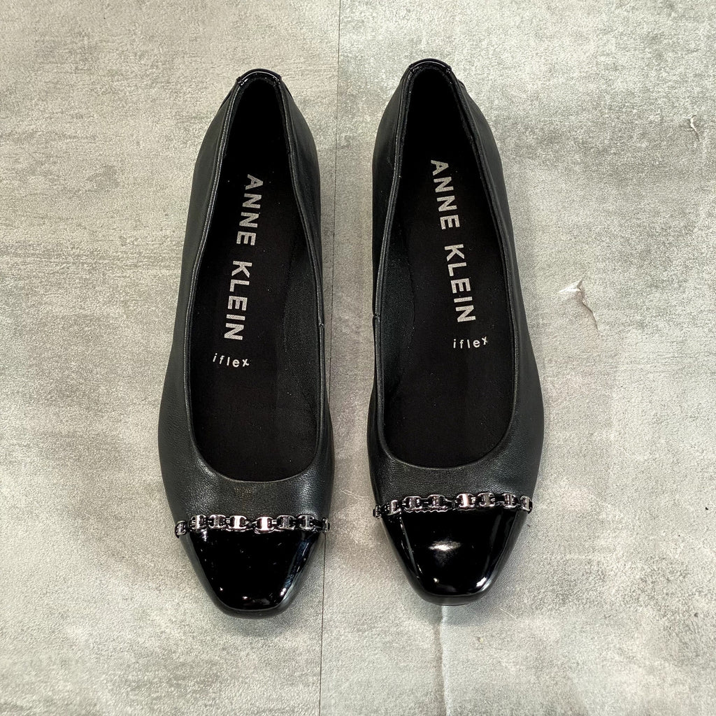 ANNE KLEIN Women's Black Leather iFlex Maysel Slip-On Square-Toe Wedge Flats SZ 7.5