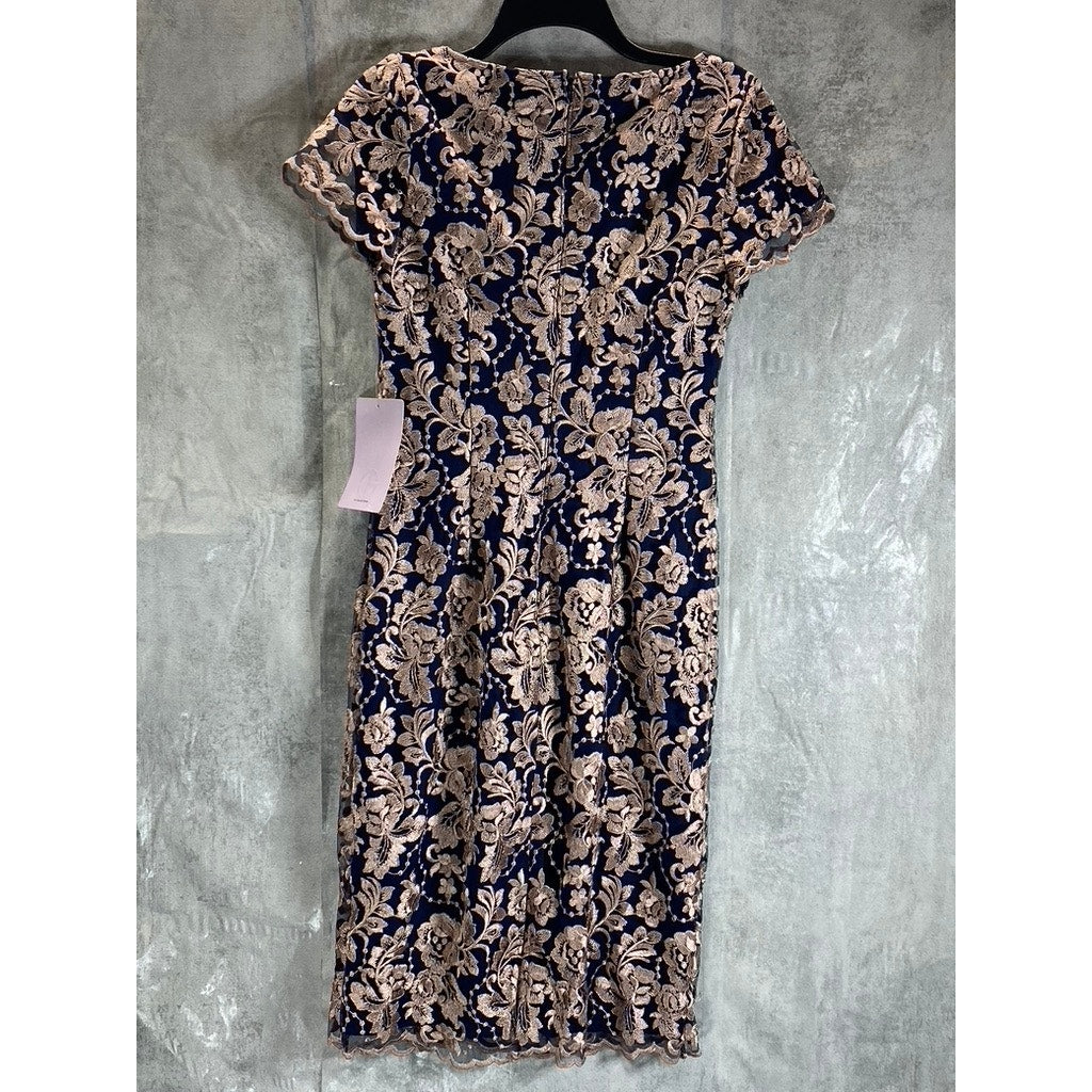 JS COLLECTION Women's Navy/Latte V-Neck Floral Embroidered Scalloped Trim Dress