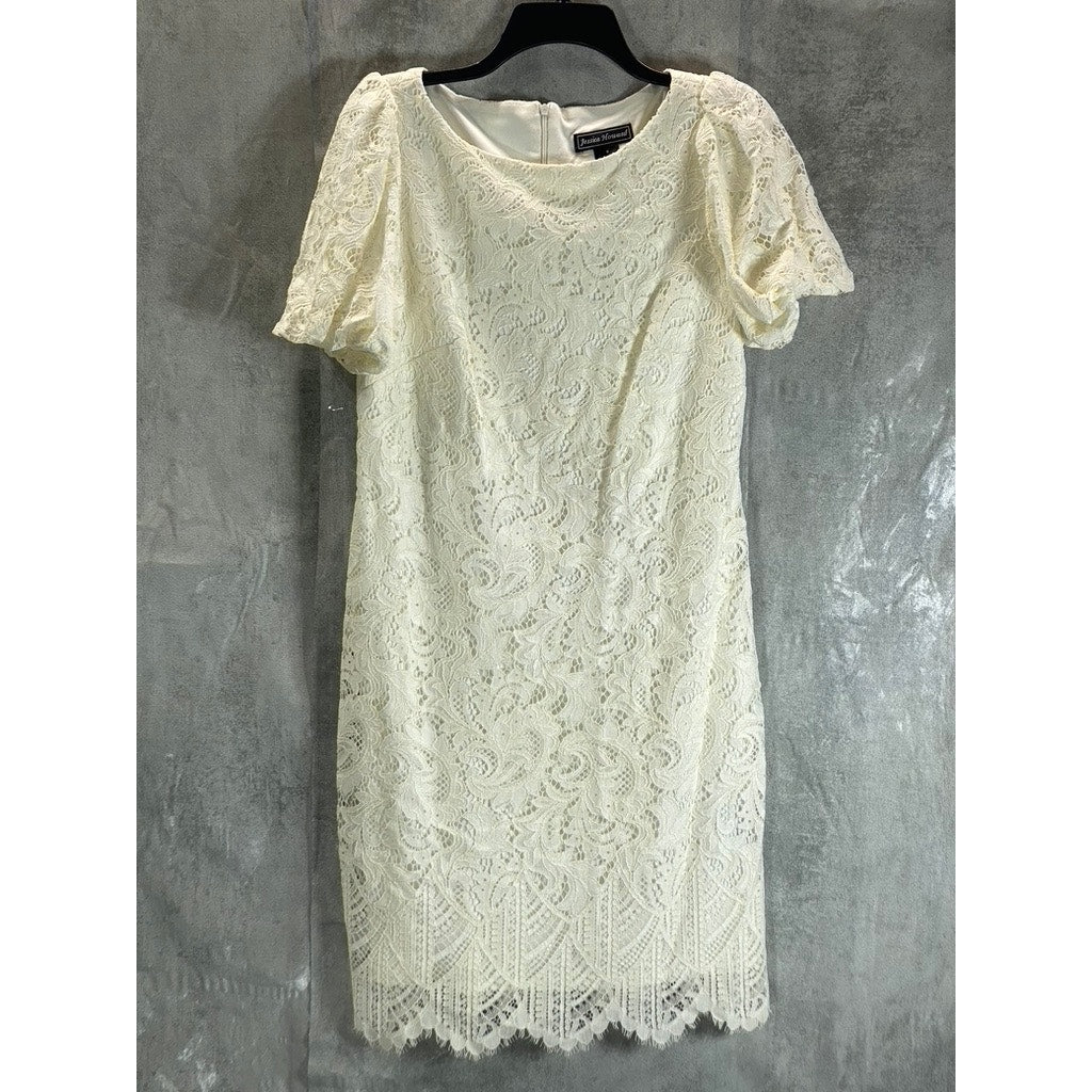 JESSICA HOWARD Women's Off-White Lace Scalloped Puff-Sleeve Mini Shift Dress SZ8