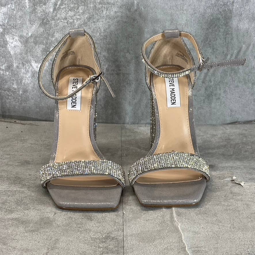 STEVE MADDEN Women's Silver Rhinestone Tiaa Square-Toe Two-Piece Sandals SZ 7