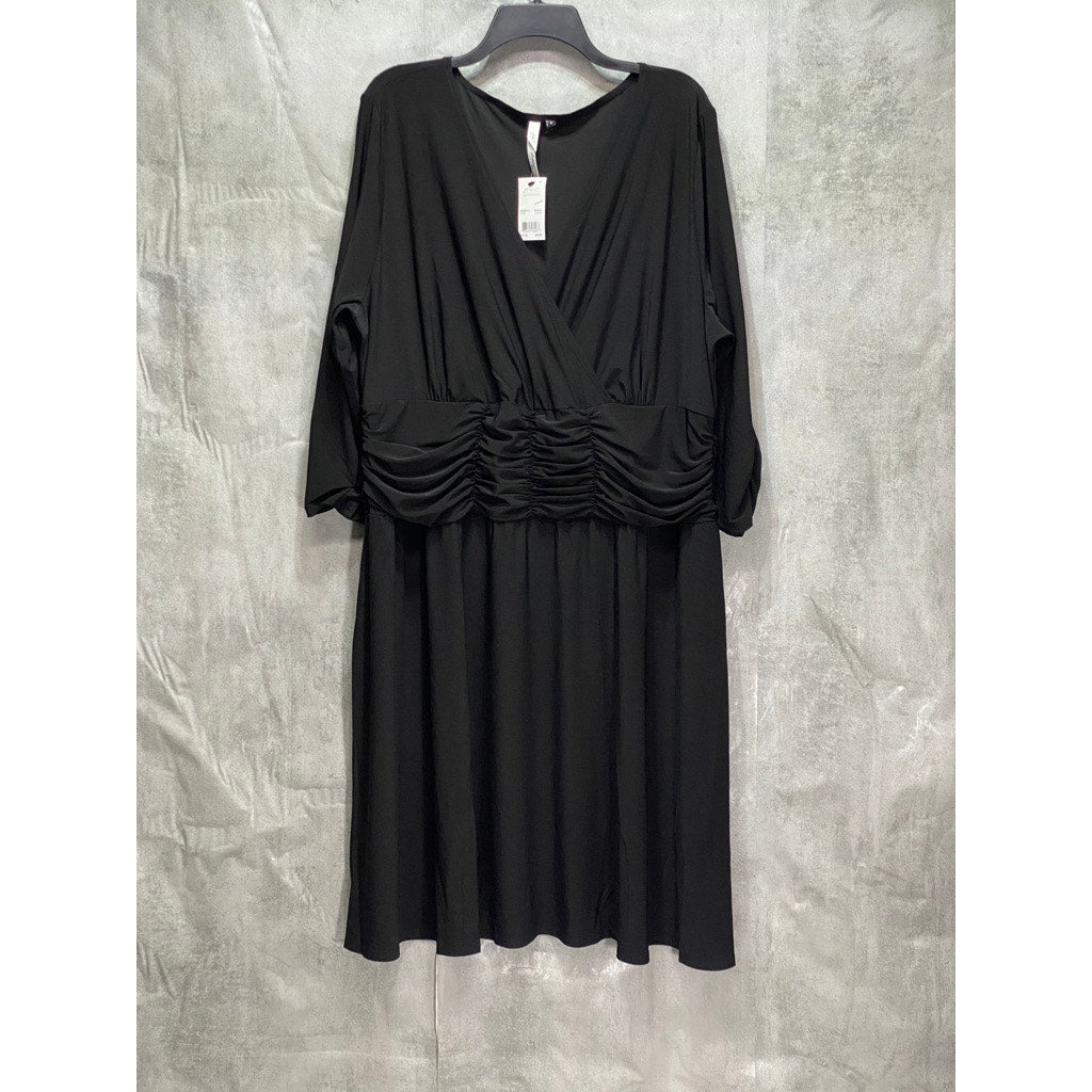 NY COLLECTION Plus Size Solid Black 3/4 Sleeve Ruched Waist Pull-Over A-Line Dress SZ 3X