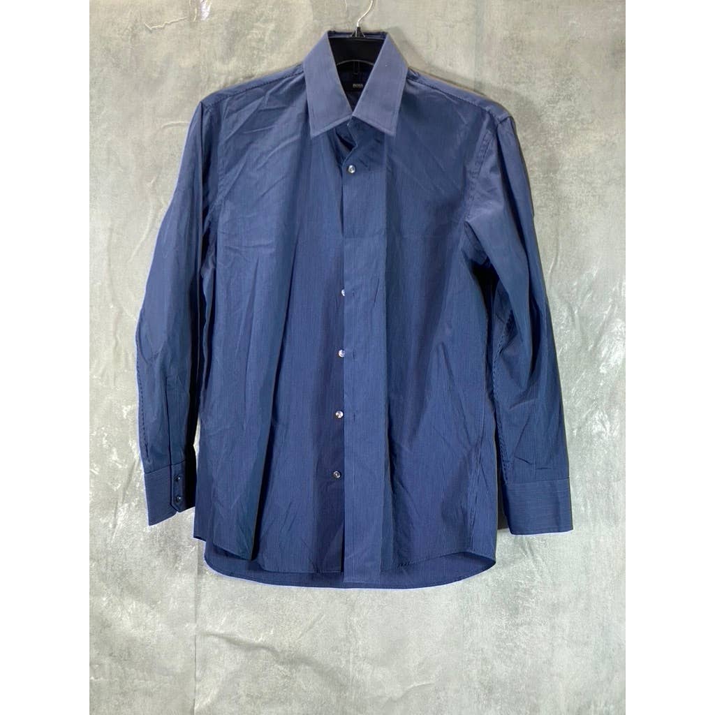 BOSS HUGO BOSS Men's Navy Pinstripe Button-Up Long-Sleeve Dress Shirt SZ16 32/33
