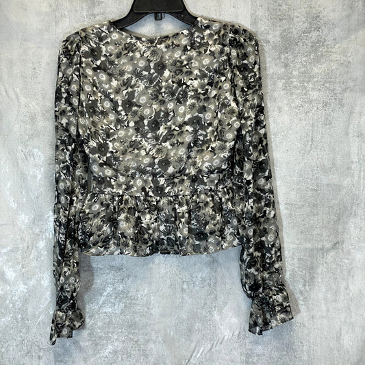 VERO MODA Women's Black Floral Print V-Neck Bell Sleeve Flutter Blouse SZ XS