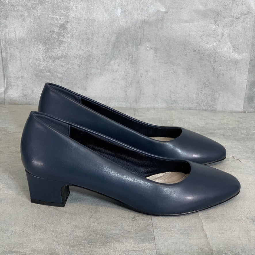 EASY STREET Narrow Width Navy Prim Slip-On Almond-Toe Block Heel Pumps SZ 8N