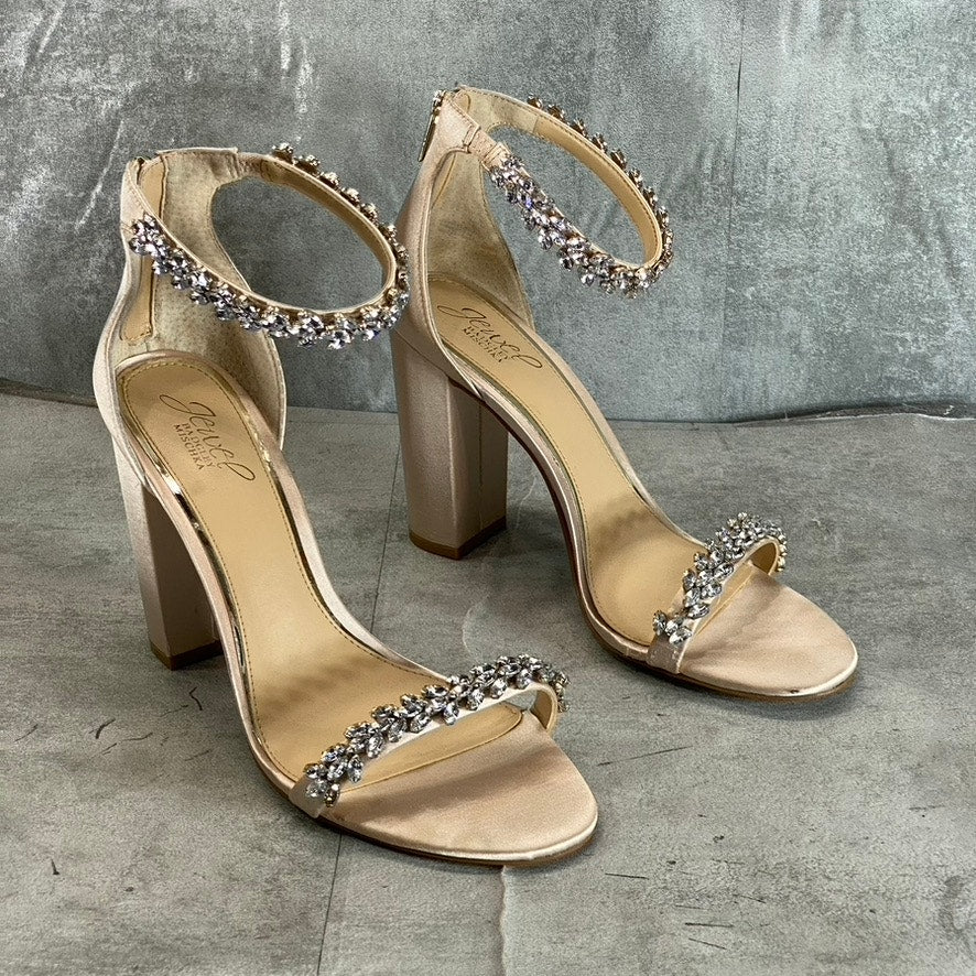 JEWEL BADGLEY MISCHKA Women's Champagne Satin Rhinestone Mayra Sandals SZ 10