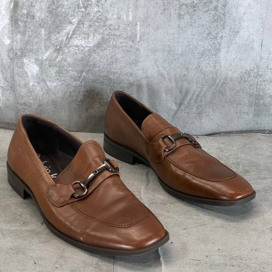 CALVIN KLEIN Men's Dark Tan Leather Malcome Slip-On Casual Loafers SZ 9.5
