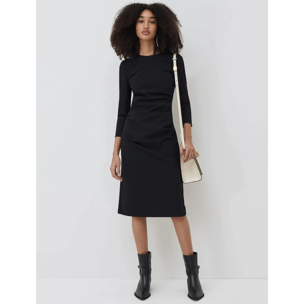 MARELLA Women's Black Iguana Stretch Gathered Front Round-Neck Midi Dress SZ 4