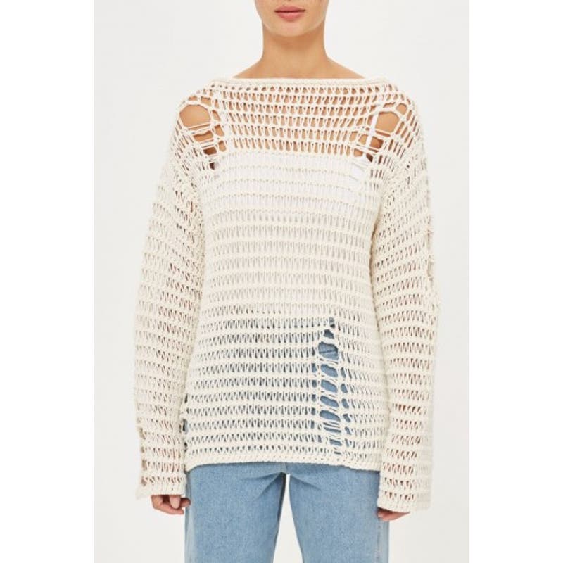 TOPSHOP Cream Distressed Crewneck Long Sleeve Pullover Jumper Sweater SZ 6