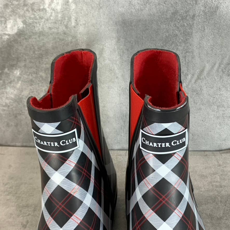 CHARTER CLUB Women's Black/Red Cloudburst Pull-On Rain Boots SZ 9
