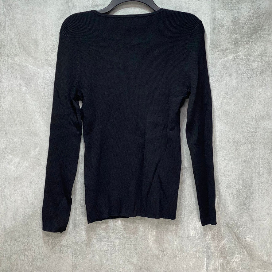 INC International Concepts Black Chain Keyhole Long Sleeve Pullover Sweater SZ L