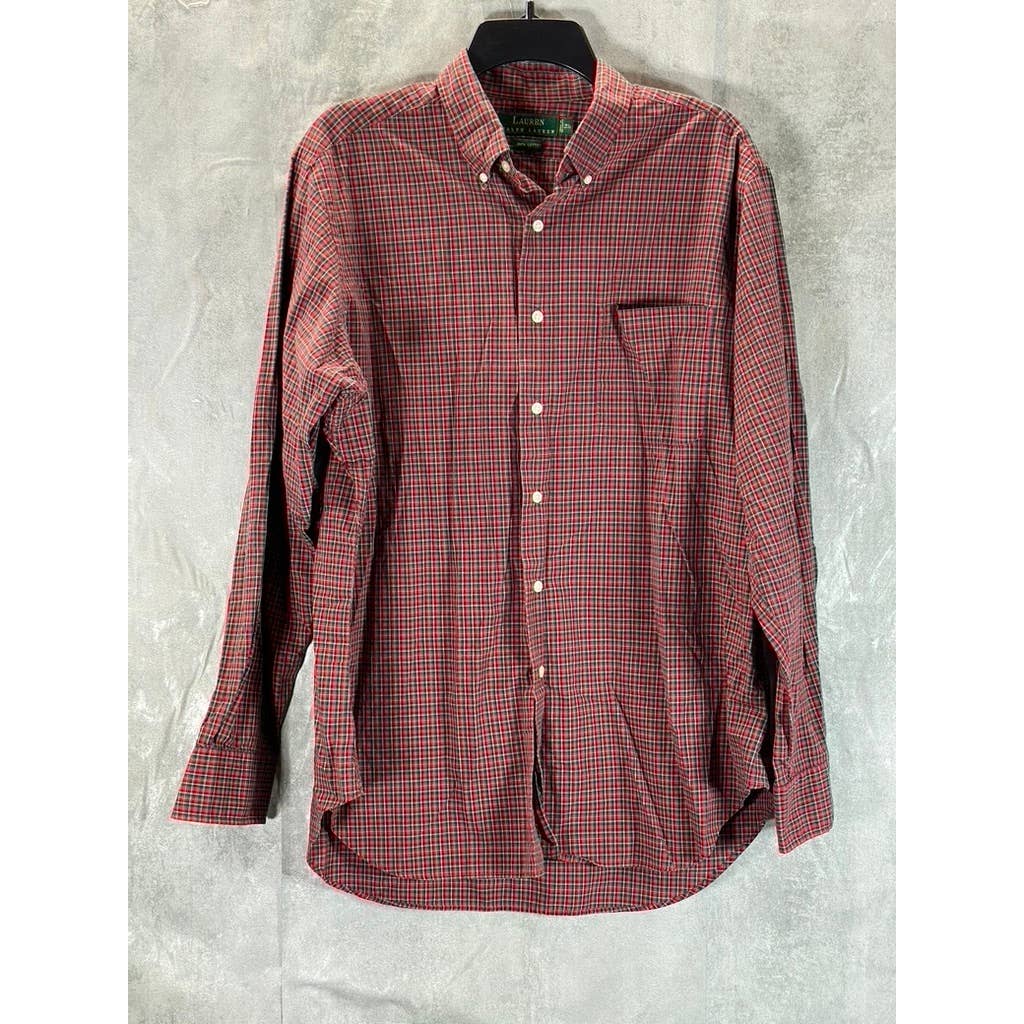 LAUREN RALPH LAUREN Men's Red Plaid Cotton Button-Down Long-Sleeve Shirt SZ 16.5