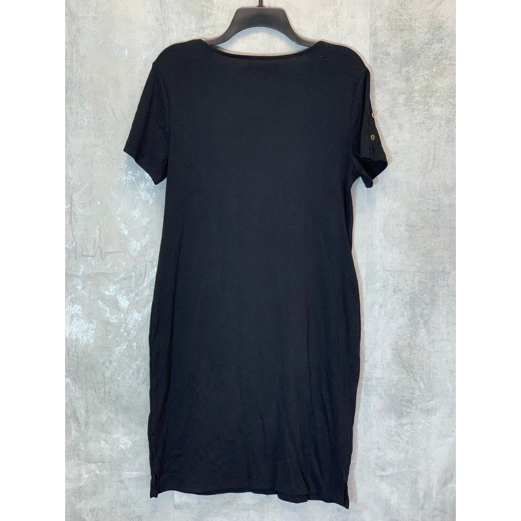 KAREN SCOTT Sport Women's Deep Black 3/4 Button-Shoulder Sleeve Pullover Dress SZ S