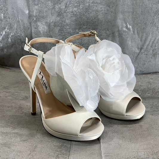 NINA Women's Ivory Luster Satin Brijida 3D-Flower T-Strap Platform Sandals SZ 6