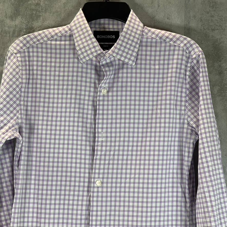 BONOBOS Men's Short White/Purple Slim-Fit Button-Up Long-Sleeve Shirt SZ XS