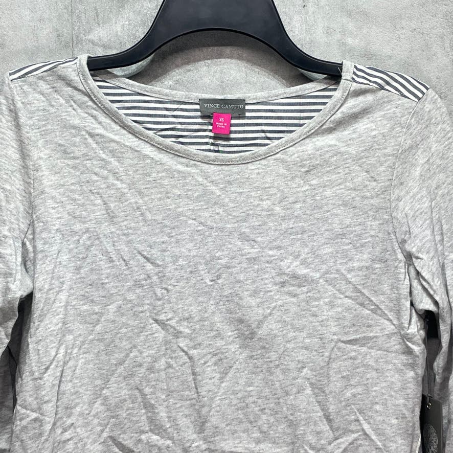 VINCE CAMUTO Grey Heather Scoop Neck Striped Button Back Long Sleeve Pullover Top SZ XS